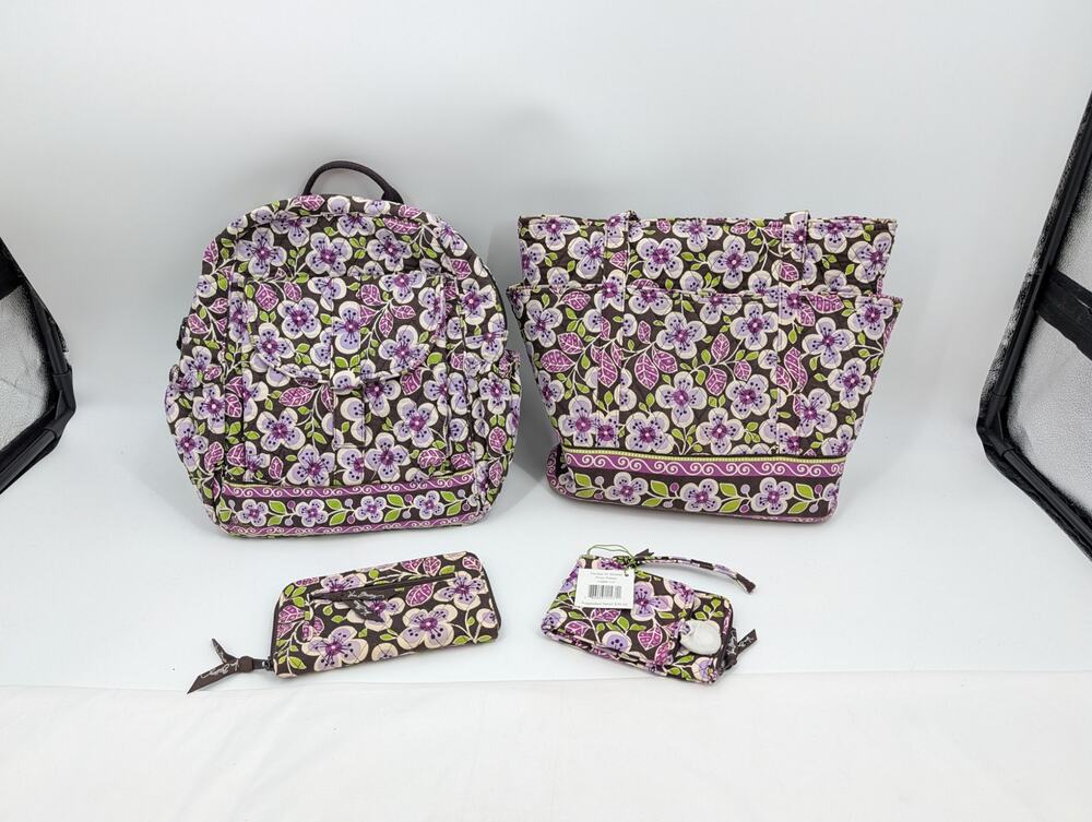 BUNDLE! Vera Bradley Plum Petals Backpack Tote Bag Two Wallets (One NWT) Preppy